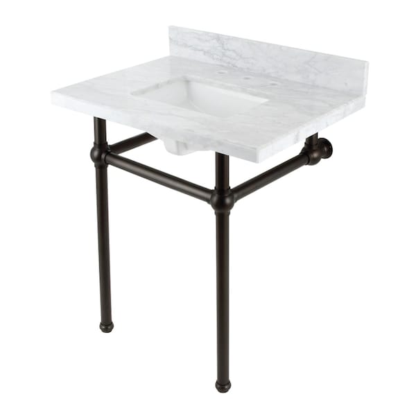 Kingston Brass 30 Console Sink with Brass Legs 8Inch, 3 Hole, Marble WhiteOil Rubbed Bronze KVBH3022M8SQ5 - main